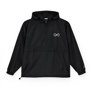 May include: A black windbreaker jacket featuring a hood with drawstrings, a half-zip front closure, and long sleeves with elastic cuffs. A white infinity symbol is embroidered on the left chest, and a small Champion logo is on the left sleeve.