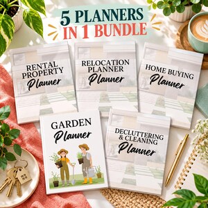 Könnte beinhalten: Ein Bündel aus fünf Planern mit dem Text 5 PLANNERS IN 1 BUNDLE. Das Set enthält einen Mietobjektplaner, Umzugsplaner, Hauskaufplaner, Gartenplaner mit einer Illustration von zwei Personen bei der Gartenarbeit sowie einen Aufräum- und Putzplaner.