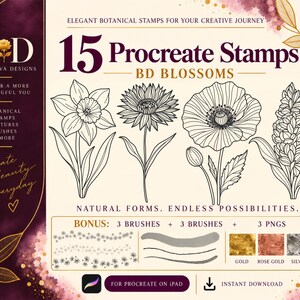 Könnte beinhalten: Eine digitale Produktgrafik für 15 Procreate-Stempel mit dem Titel BD Blossoms, die schwarze Strichzeichnungen von vier verschiedenen Blumen, Bonus-Pinsel und drei metallische Textur-Muster in Gold, Roségold und Silber zeigt.
