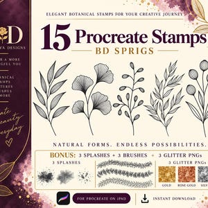 15 timbri a forma di rametto disegnati a mano per Procreate | Set di pennelli per disegno botanico | Timbri floreali per Procreate su iPad