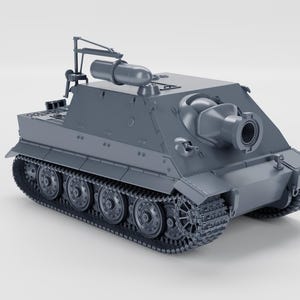May include: A gray scale model of a Sturmtiger tank featuring a large caliber rocket launcher mounted in the front hull, a crane arm on the rear deck, and detailed caterpillar tracks along the sides of the armored vehicle chassis.