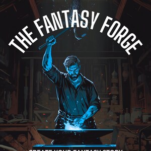 May include: A book cover titled THE FANTASY FORGE, CREATE YOUR FANTASY STORY BY: XAVIER D. SIMMONS. The illustration depicts a blacksmith in a dark workshop, illuminated by blue light, striking an anvil with a hammer, creating bright sparks.