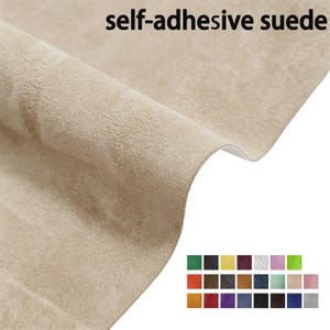 May include: A beige self-adhesive suede fabric sheet with a soft, textured surface. The text self-adhesive suede is printed at the top. A grid of twenty-four small colored squares representing various available color options is displayed below.