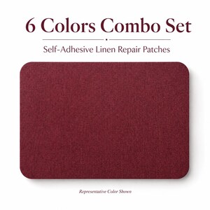 Op de afbeelding: Een rechthoekige zelfklevende linnen reparatiepatch in een diepe bordeauxrode kleur. De tekst erboven luidt 6 Colors Combo Set en Self-Adhesive Linen Repair Patches. Onder de patch staat de tekst Representative Color Shown.