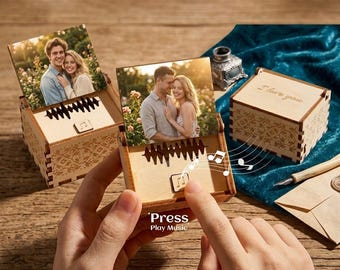 Personalized Wooden Music Box, Keepsake Voice Record Music Box, Custom Song, Photo, and Text, Handmade Anniversary Gift for Him