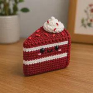 May include: A crochet slice of red velvet cake featuring a dark red body with white horizontal stripes, a white whipped cream dollop on top, and small red sprinkles. The cake has a stitched smiling face with two black bead eyes.