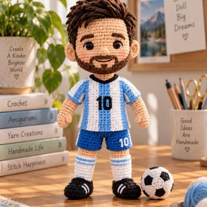 May include: A crocheted doll featuring a person with brown hair and a beard, wearing a light blue and white striped soccer jersey and shorts with the number 10 printed on both. The doll stands next to a small, black and white crocheted soccer ball.