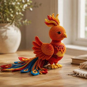 Könnte beinhalten: Eine gehäkelte Phönix-Figur in einer lebendigen Farbpalette aus orangefarbenem, rotem und gelbem Garn. Der Vogel hat einen behaubten Kopf, einen kleinen Schnabel, schwarze Perlenaugen und einen langen, fließenden Schwanz mit blauen, roten und gelben Akzenten.