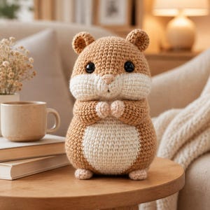 May include: A crocheted hamster plush toy featuring a light brown and cream-colored yarn body. The stuffed animal has two round black eyes, small rounded ears, and tiny paws held together in front of its chest. The texture is visibly knitted.