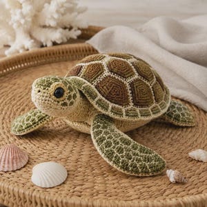 Pode incluir: Um brinquedo de tartaruga marinha em crochê com uma carapaça texturizada em tons de castanho e creme, cabeça bege claro e barbatanas verde-azeitona. A tartaruga tem um olho preto visível e padrões de pontos complexos na carapaça.