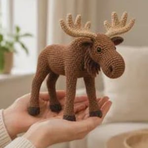 May include: A crocheted moose toy featuring a medium brown body, a darker brown mane, and light tan antlers. The stuffed animal has four legs with dark brown hooves, a rounded snout, and small black eyes, crafted with visible yarn stitches.