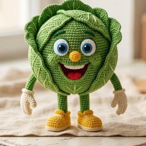 May include: A crocheted cabbage character with a round green head, large blue and white eyes, a small yellow nose, and a wide smiling mouth. The figure has thin green arms with cream-coloured hands and wears small yellow shoes on its feet.