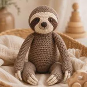 May include: A crocheted sloth toy featuring a light brown body, a cream-coloured face mask, and dark brown eye patches. The stuffed animal has long arms, short legs, and light-coloured claws on its hands and feet. It has a small black nose and stitched mouth.