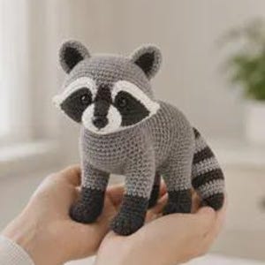 May include: A small, handcrafted crochet raccoon toy featuring a grey body, a white face mask with black eye patches, a black nose, and a striped tail. The plush animal has dark grey paws and stands on four legs, showcasing detailed yarn stitching throughout.