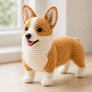 May include: A crochet corgi dog toy featuring a golden-brown and white yarn pattern. The plush figure has upright pointed ears, black plastic eyes, a black nose, and a small open mouth showing a pink tongue, standing on four short white paws.