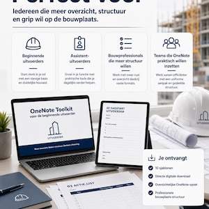 May include: A digital OneNote toolkit for construction site managers displayed on a laptop and tablet screen. The image includes text in Dutch, a white hard hat, rolled blueprints, a notebook, and a pen, highlighting 10 templates for project management.