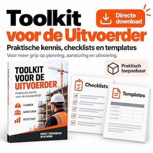 Puede incluir: Un kit de herramientas digital para jefes de obra que incluye un libro titulado Toolkit voor de Uitvoerder con una imagen de construcción, junto a dos documentos blancos etiquetados como Checklists y Templates con iconos y texto naranja.