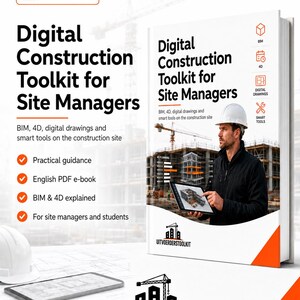 Op de afbeelding: Een wit boek getiteld Digital Construction Toolkit for Site Managers met een persoon in een veiligheidshelm die een tablet vasthoudt. De cover bevat iconen voor BIM, 4D, digital drawings en smart tools, met de tekst BIM, 4D, digital drawings and smart tools on the construction site.