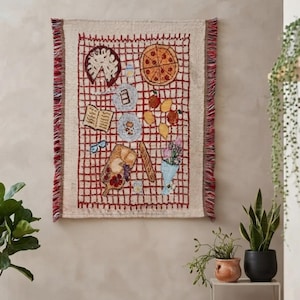 Tapisserie murale tissée sur le thème du pique-nique, art textile bohème et champêtre, décoration intérieure chaleureuse