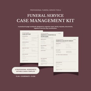 May include: A 6-page funeral service case management kit workbook featuring editable templates for case intake, service logistics, suppliers, and service day run sheets. The documents are printed on off-white paper with black text.