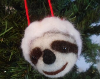 Sloth in Santa Hat Christmas Ornament Needle Felted