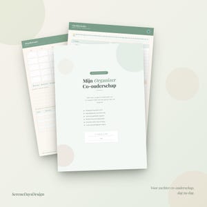May include: A co-parenting organizer planner set featuring a white cover with sage green accents and the text "Mijn Organizer Co-ouderschap". The set includes a monthly calendar page and a checklist page, all designed with a clean layout and soft pastel circles.