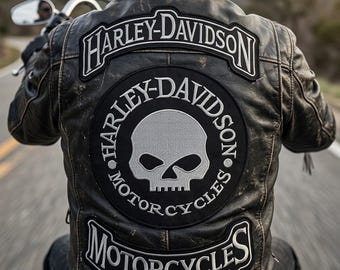 Set di 3 toppe ricamate Harley-Davidson Willie G. Skull / Toppe per la schiena di gilet e giacca da motociclista rocker