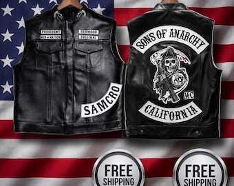 Sons of anarchy Men’s Black Leather Biker Vest Motorcycle Riding Vest Patch Style Leather Vest Motorcycle Club Style Rider Gift With patch