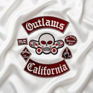 Outlaws California Embroidered Biker Patch Set Large Back Patch Skull & Pistons Motorcycle Club Style Vest Patch Sew On Iron On Jacket