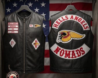 Hells Angels Nomads Black Leather Zipper Vest with Embroidered MC Patch Set – Custom Biker Motorcycle Vest