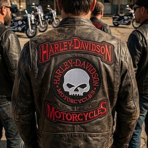 May include: A distressed brown leather jacket featuring a large back patch with the red text Harley-Davidson, a central circular emblem with a white skull graphic, and a bottom patch with the red text Motorcycles, worn over dark denim jeans.
