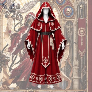 May include: A floor-length red hooded robe featuring wide sleeves, a dark belt, and white trim with gear-shaped skull motifs. The garment includes a central panel and hemline detailing with the number 42 and skull icons printed in a repeating pattern.