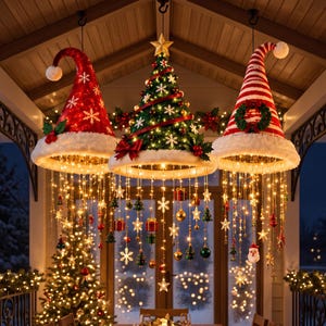 Può includere: Tre decorazioni natalizie sospese composte da un cappello da Babbo Natale rosso, un albero di Natale verde decorato e un cappello da elfo a righe rosse e bianche. Ogni pezzo ha un bordo in pelliccia sintetica bianca e luci LED pendenti.
