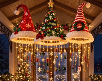Beleuchtete Weihnachtsmannmütze als Weihnachtsdekoration zum Aufhängen, rot-weiß gestreifter Verandaschmuck, festlicher Türhänger, Weihnachtsdekoration für Zuhause
