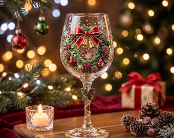 Christmas Wine Glass (6 pieces), Hand Painted Christmas Goblet, Holiday Decor Wine Cup, Xmas Gift for Wine Lover, Christmas Table Decor