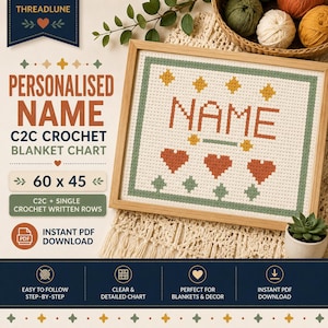 Peut inclure: Un diagramme de couverture au crochet C2C encadré affichant le mot NAME en orange, entouré d'étoiles jaunes, de cœurs orange et de formes géométriques vertes sur une grille blanche. Le motif inclut une bordure verte et est un modèle PDF numérique.