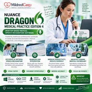 Könnte beinhalten: Nuance Dragon Medical Practice Edition 4 desktopbasierte medizinische Spracherkennungssoftware für Windows. Die Werbegrafik zeigt eine medizinische Fachkraft, die ein Mikrofon zur Diktat von klinischen Notizen verwendet, inklusive Funktionen wie EHR-Integration.