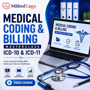 May include: A promotional graphic for a Medical Coding & Billing Masterclass featuring a laptop displaying course details, a blue stethoscope, and a clipboard. Text includes Mildred Care, Medical Coding & Billing, ICD-10 & ICD-11, and Video Course.
