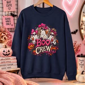Sudadera Boo Crew de Halloween, sudadera rosa con lazo de fantasma, jersey Coquette de la temporada espeluznante
