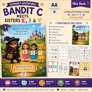 Könnte beinhalten: Alphabet Adventures Mini Book 3 Phonics-Paket mit dem Titel Bandit C meets sisters E, I, and Y. Enthält ein druckbares PDF mit 7 Arbeitsblättern, Lernkarten, Ausmalbildern, einer Suchaufgabe, einem Elternleitfaden sowie einer Belohnungstafel.
