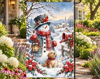Cute Snowman And Puppy Dog Garden Flag With Yard Decor For Winter Season GRO0342