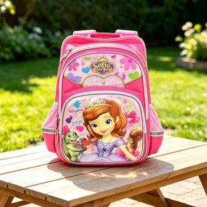 May include: A bright pink backpack featuring a graphic of Sofia the First with the text Sofia the First, Wisdom, and Pep. The bag has multiple zippered compartments, a top handle, and side mesh pockets, with a heart-shaped accent on the front.