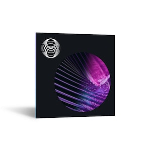 Könnte beinhalten: Ein quadratisches schwarzes Albumcover mit einer weißen kreisförmigen geometrischen Liniengrafik in der oberen linken Ecke und einem großen zentralen kreisförmigen Fenster, das ein lebhaftes violettes und blaues abstraktes Muster mit parallelen Linien zeigt.