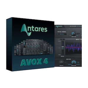 May include: A black software box for Antares AVOX 4 featuring a teal logo and text, displayed alongside a digital interface window showing the Mutator Extreme plugin with vocal range settings, input levels, and various control knobs and sliders.