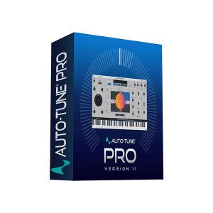 Puede incluir: Una caja de software rectangular para Auto-Tune Pro Version 11 con un fondo de degradado azul profundo. El frente muestra una interfaz digital con un gráfico circular y un teclado de piano. El texto lateral dice Auto-Tune Pro en blanco.