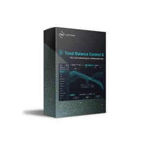 Peut inclure: Une boîte de logiciel rectangulaire noire pour iZotope Tonal Balance Control 3. La face avant affiche le nom du produit, le sous-titre All-in-one referencing for professional mixes et une capture d'écran de l'interface avec des courbes en bleu sarcelle.