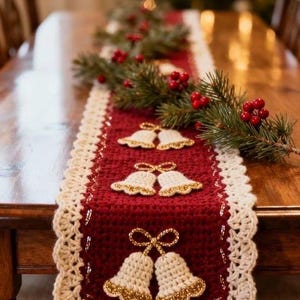 Puede incluir: Un camino de mesa de ganchillo largo y rectangular en rojo oscuro con un borde festoneado de color crema. El camino presenta tres pares de campanas de ganchillo color crema con bordes de purpurina dorada, alineadas verticalmente.