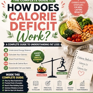 以下が含まれることがあります： The Complete Guide to How Does Calorie Deficit Work?というタイトルの情報ガイド。鶏肉、アボカド、ブロッコリー、トマト、ひよこ豆が入ったボウル、食事と運動を比較する天秤のグラフィック、Calorie Deficit = Calories In < Calories Outという数式が書かれたメモ帳が掲載されています。