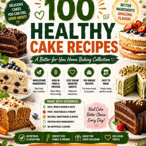 Puede incluir: Una portada de libro de cocina titulada 100 Healthy Cake Recipes: A Better-for-You Home Baking Collection. El diseño presenta imágenes de cuatro pasteles, iconos de ingredientes y texto que destaca componentes saludables y beneficios.