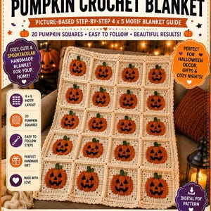 Op de afbeelding: Een digitale PDF-patroongids voor een Jack-O'-Lantern pompoen haakdeken. De gids toont een 4x5 motievenindeling met 20 crèmekleurige vierkanten, elk versierd met een oranje pompoenapplicatie. Inclusief stapsgewijze instructies.